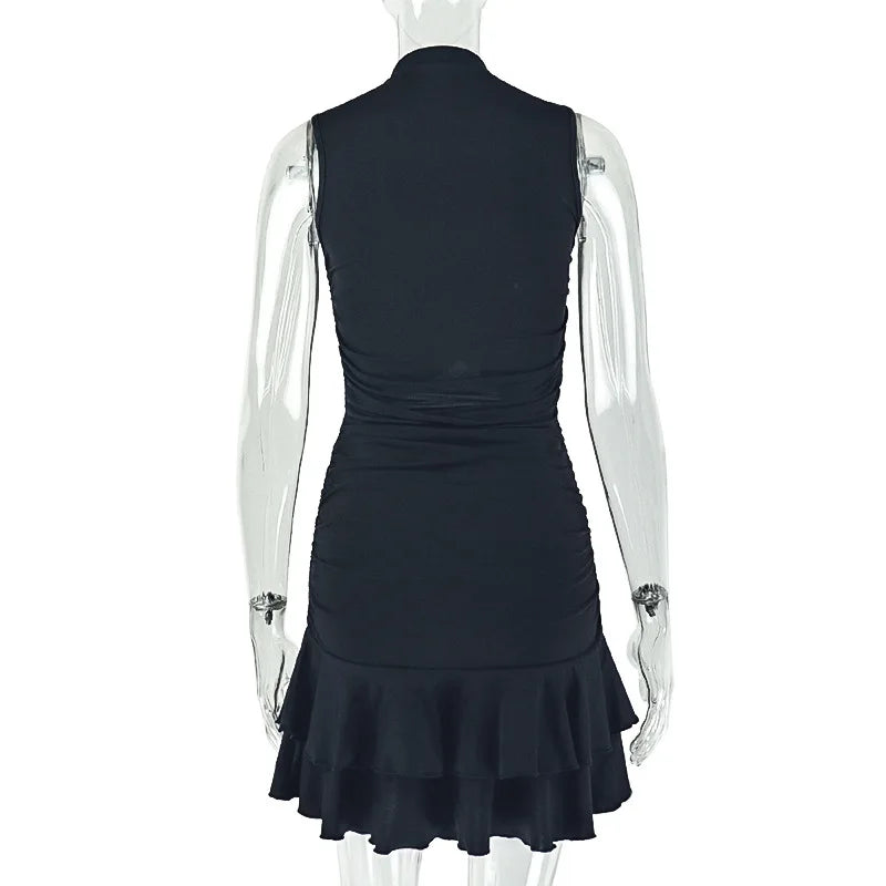 Black dress on a mannequin with a white background