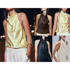 Collage of a woman wearing a sleeveless top in various colors.