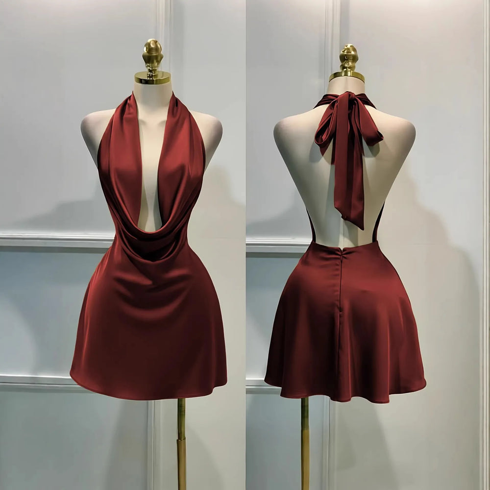 Olive green halter neck cowl neck mini dress, back view