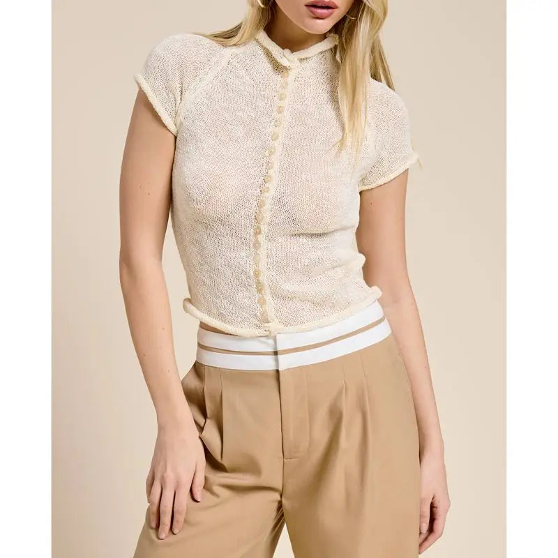 Cream button mock neck knit top