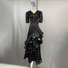 V-Neck Tiered Ruffle Polka Dot Maxi Dress
