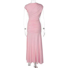 Asymmetrical Neckline Short Sleeve Ruched Maxi Dress