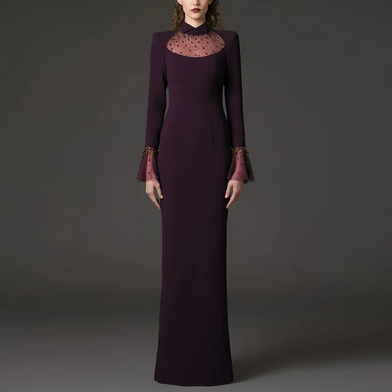 Beaded mesh neckline flare sleeve maxi dress on model