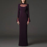 Beaded mesh neckline flare sleeve maxi dress on model