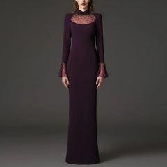 Beaded mesh neckline flare sleeve maxi dress on model