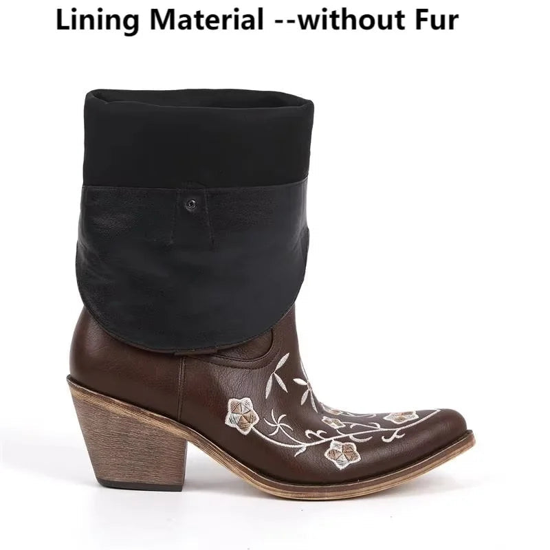 Brown floral embroidered pointed toe ankle boots with cuff detail