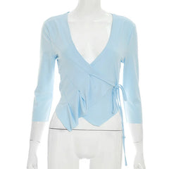 Ruched Wrap Neck 3/4 Sleeve Crop Top