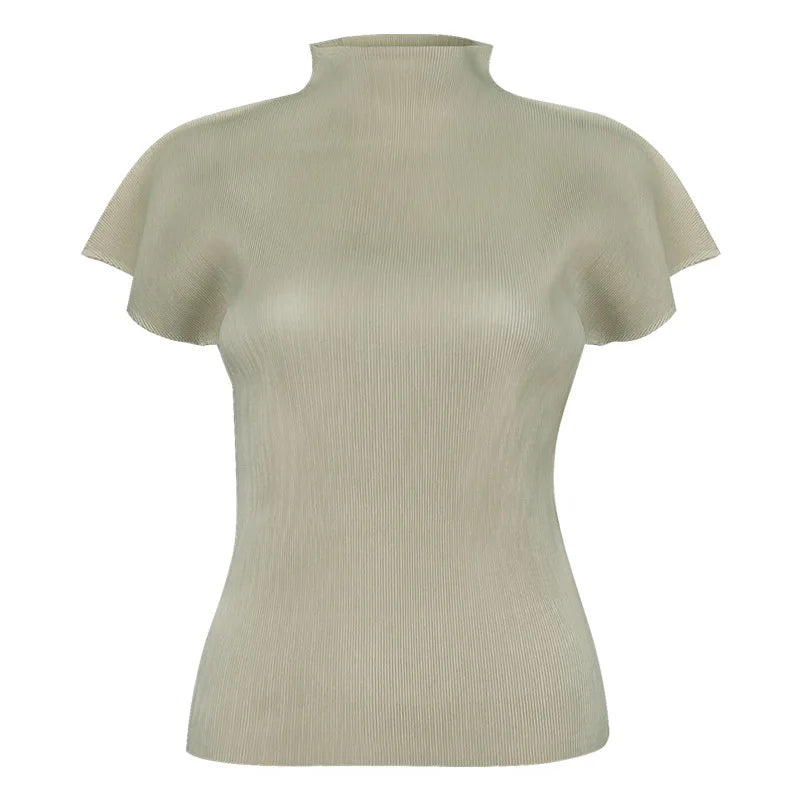 Beige ribbed t-shirt on a mannequin against a white background