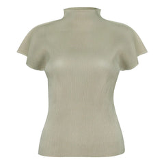 Beige ribbed t-shirt on a mannequin against a white background