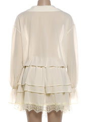 Beige Tiered Bell Sleeve Lace Up Mini Dress