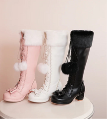 Three pairs of knee-high boots in pink, white, and black with fluffy details on a light background.