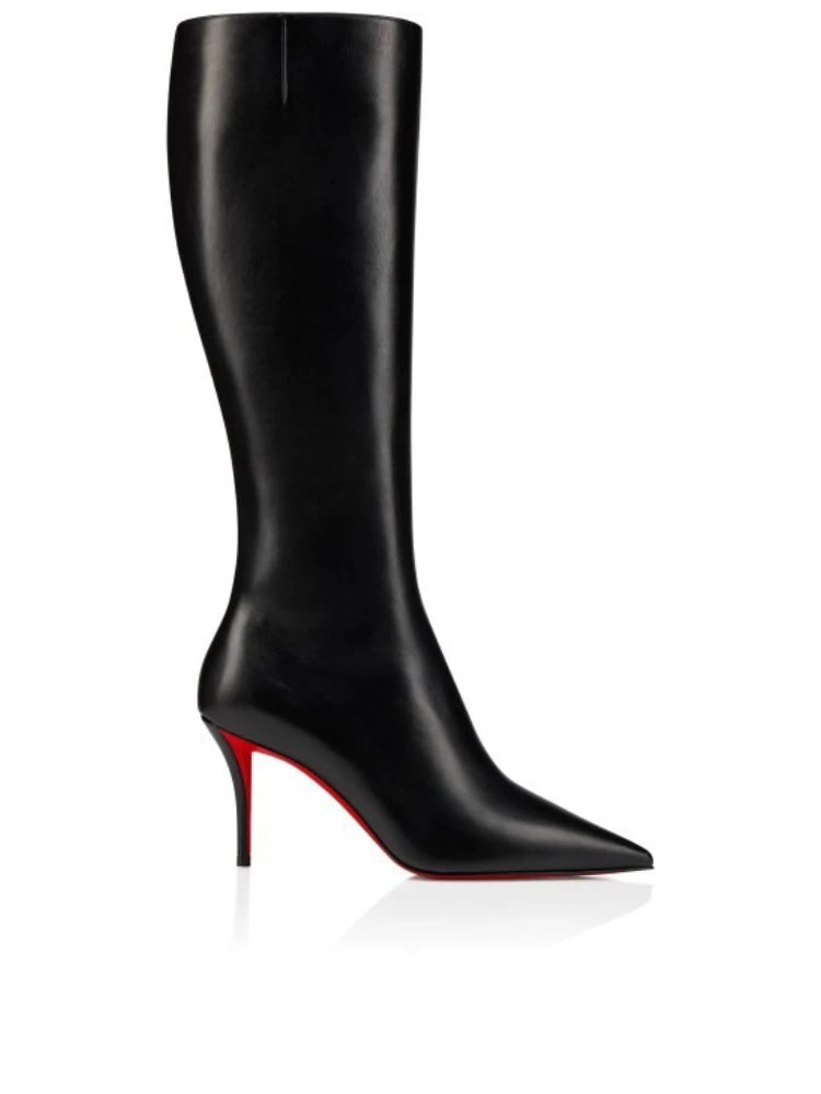 Black knee-high boot with a red sole