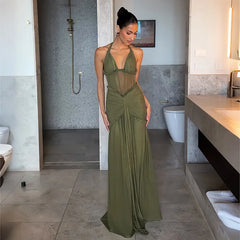 Deep V-Neck Halter Tie Up Corset Draped Waist Maxi Dress