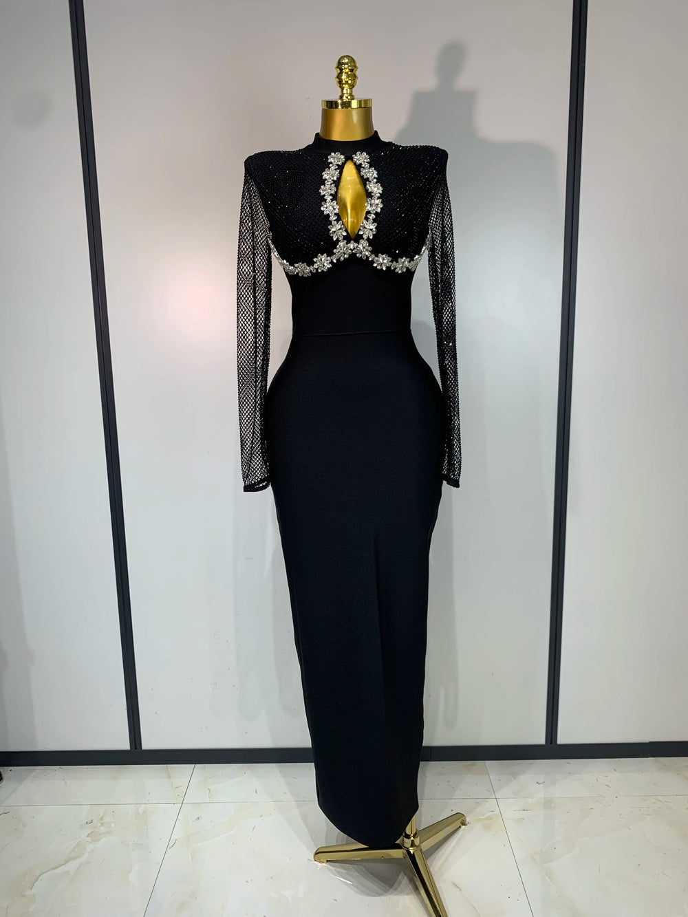 Turtleneck beaded mesh sleeve maxi dress on mannequin