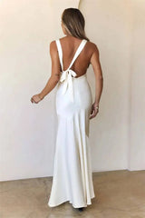 Satin Backless Asymmetrical Hem Maxi Dress