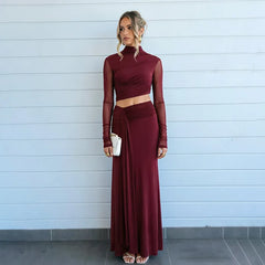 Mock Neck Mesh Crop Top Draped Maxi Skirt Set