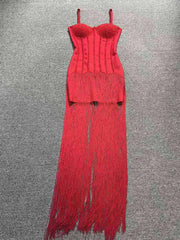 Corset Spaghetti Strap Beaded Fringe Gown