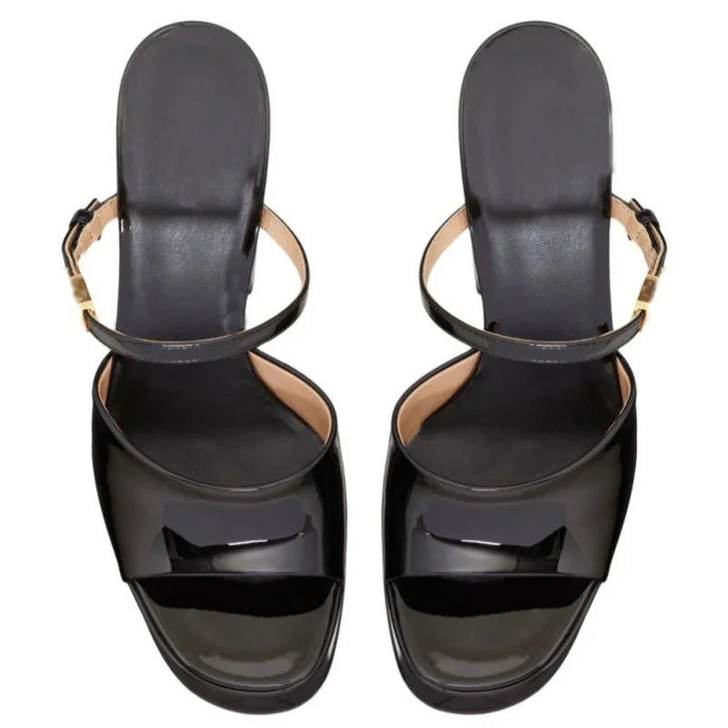 Black patent leather sandals with thin straps