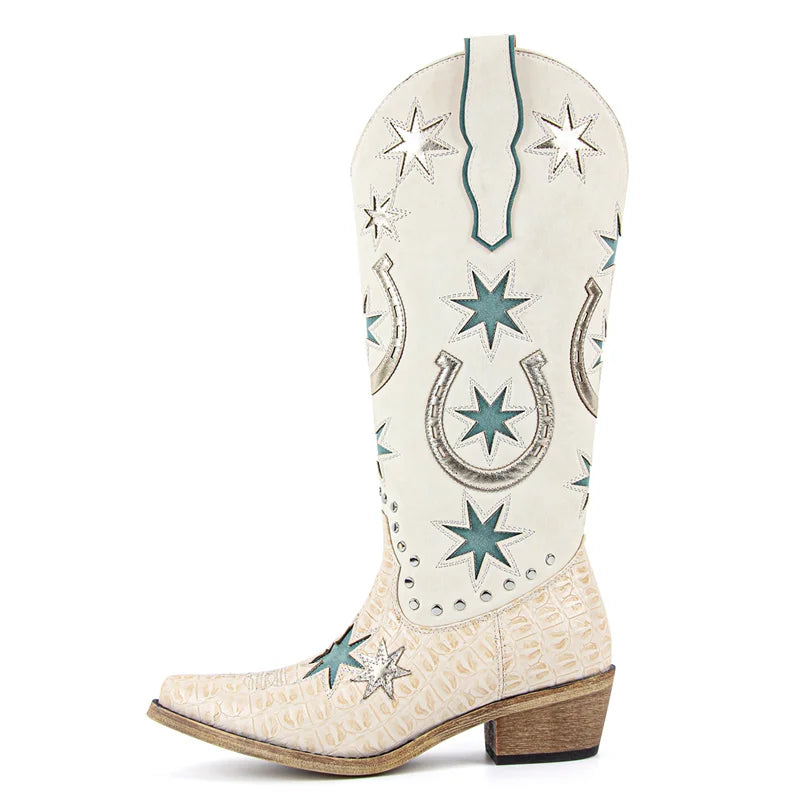 White cowboy boot with star and horseshoe patterns on a white background