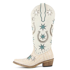 White cowboy boot with star and horseshoe patterns on a white background
