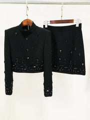 Black embellished stand collar cropped jacket and mini skirt set