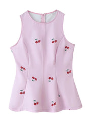 Cherry Print Peplum Top and Wide Leg Pants Set
