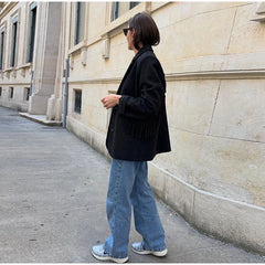 Fringe Sleeve Wool-Blend Tassel Blazer Coat