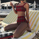 Plaid high waist bikini set with shoulder straps