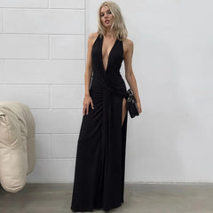Halter Deep V-Neck Draped Maxi Dress
