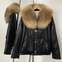 Black leather jacket with fur collar on a hanger against a neutral background