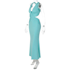 Blue Halter Neck Cutout Maxi Dress