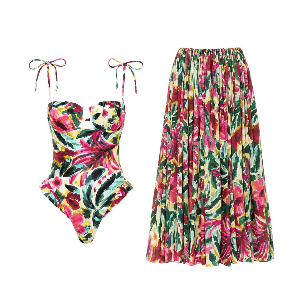 Abstract floral print one-piece swimsuit and pleated beach skirt