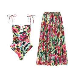 Abstract floral print one-piece swimsuit and pleated beach skirt