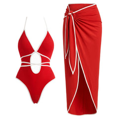 Red contrast trim one-piece swimsuit and wrap skirt swimwear set