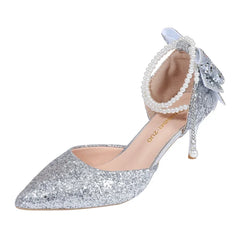 Sequin Bow Pointed Heels | Elegant French Pearl-Lined Slip-Ons