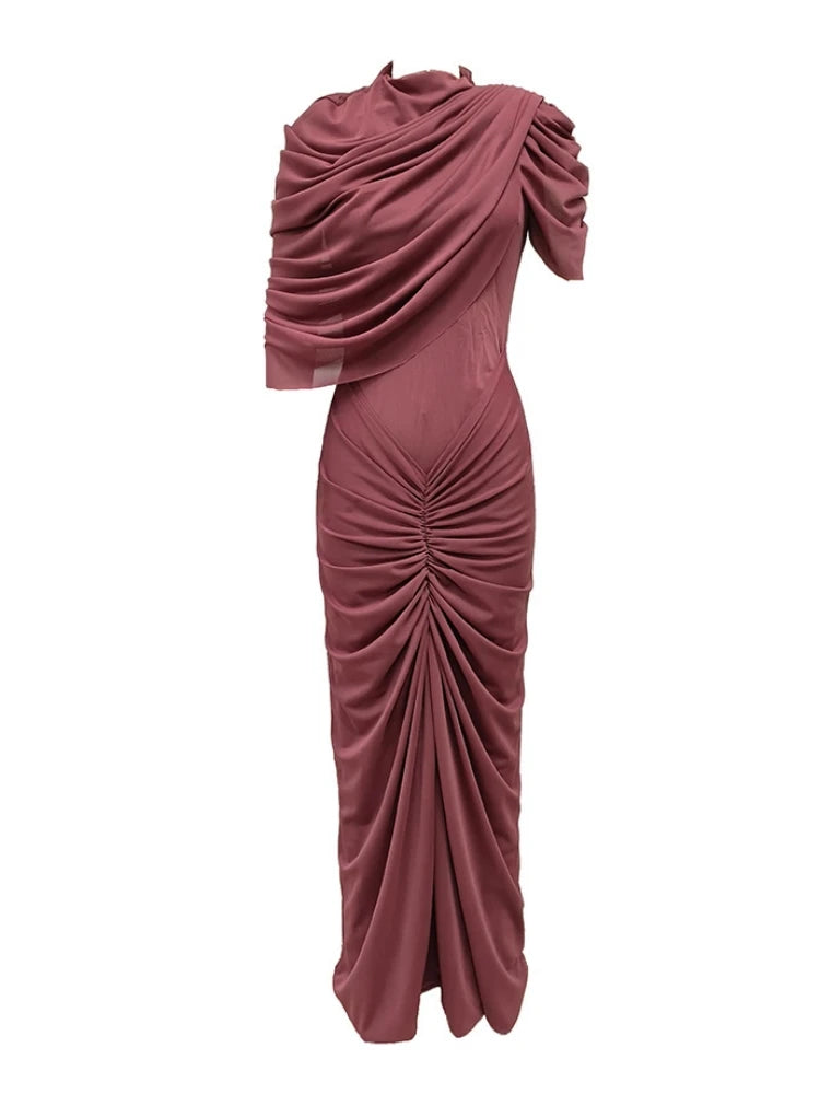 Mauve draped dress on a white background