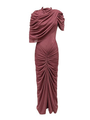 Mauve draped dress on a white background