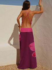 Deep V-Neck Cowl Neck Top and Floral Print Maxi Skirt Set