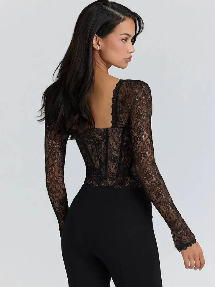 Floral lace square neck long sleeve romper back view