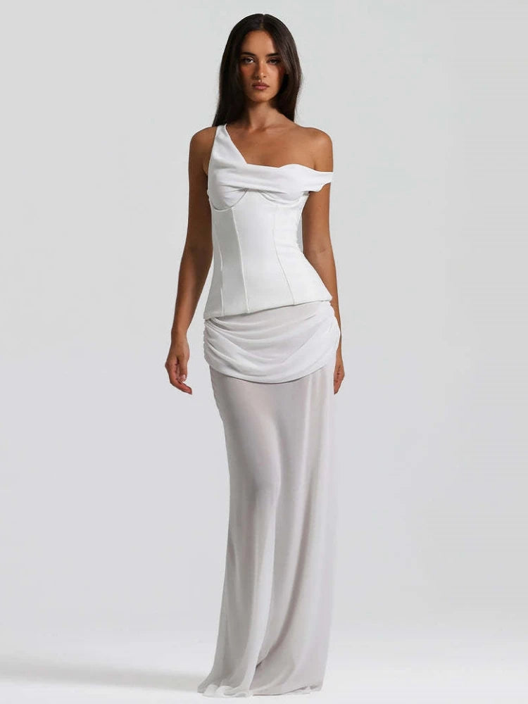 Woman wearing a white one-shoulder dress