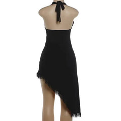 Black Halter Beaded Neck Trim Asymmetric Dress