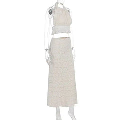 White lace crop top and skirt set on a mannequin