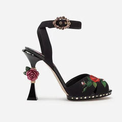 Rose Sculpted Peep Toe Hollow Buckle Metal 3D Heels