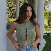 Knit military vest with button details and O-neckline