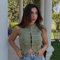 Knit military vest with button details and O-neckline