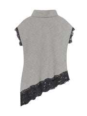 Gray sleeveless top with black lace trim on a white background