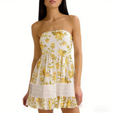 Strapless lace trim mini dress with yellow floral print