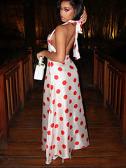 White Satin Red Polka Dot Turtleneck Maxi Dress