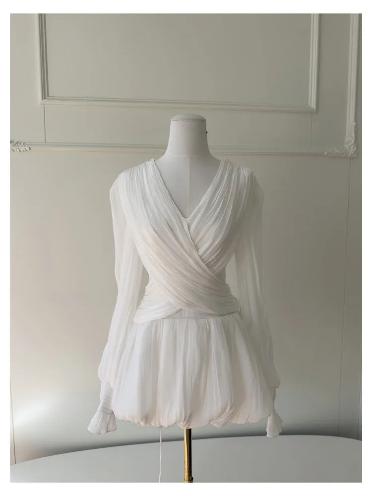 Pleated V-neck Mini Dress with wrap front and lantern sleeves