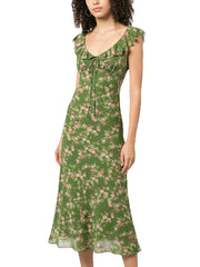 Ruffle V-neck sleeveless midi dress with floral print